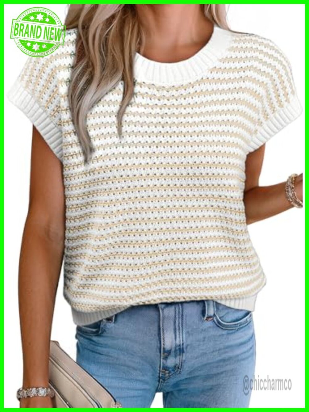 Striped Cap Sleeve Sweater Vest Round Neck Tank Top Layering Piece